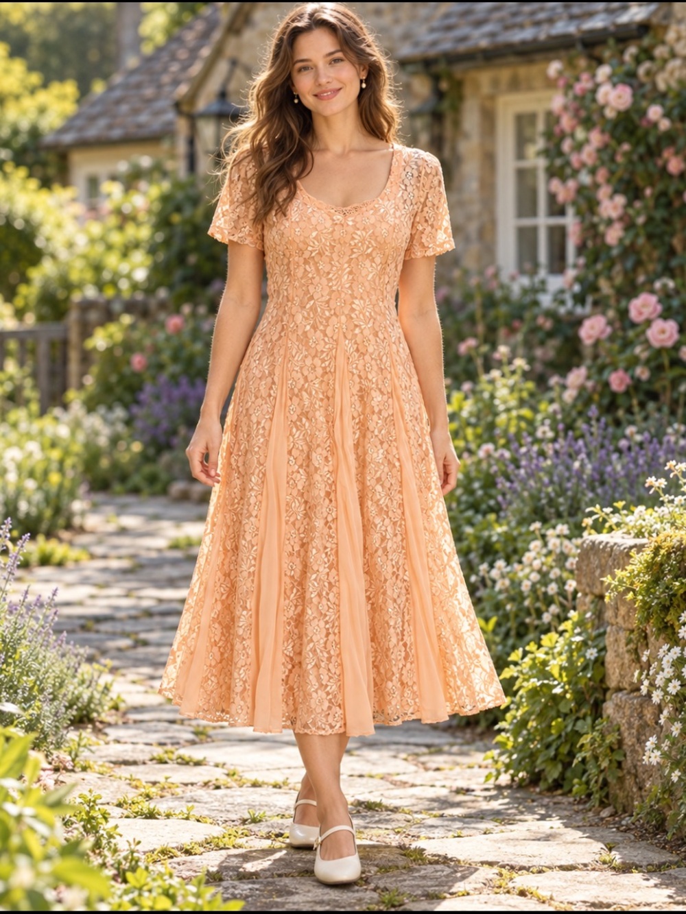 VTG 90s Vicki Wayne Peach Lace Dress Modest Cottagecore Fairycore